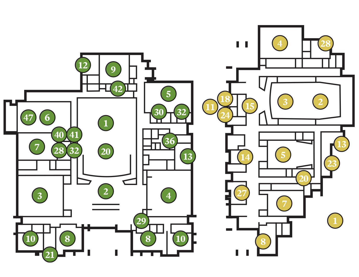 Arts Quarter Main level floor plan with numbers for available spaces